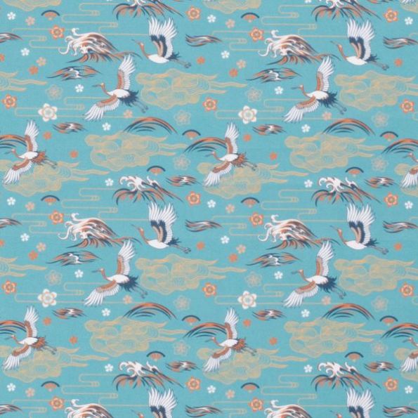 Tissu Coton imprimé Cigogne sur fond Bleu - Par 10 cm