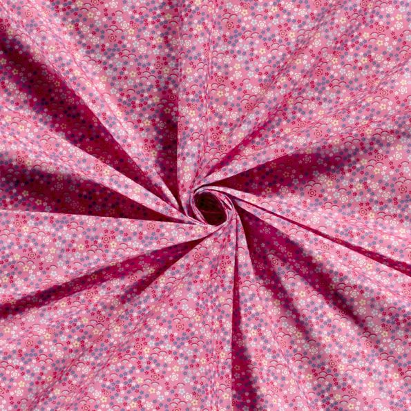 Tissu Coton imprimé Lizzie sur fond Rose - Par 10 cm