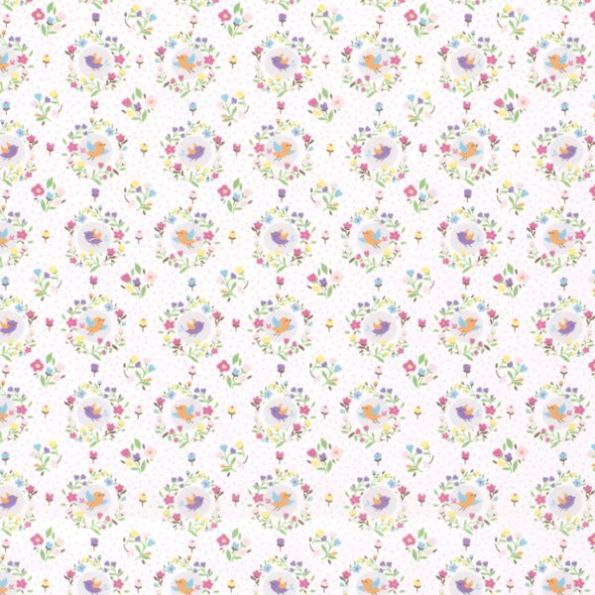 Tissu Coton imprimé Oiseaux Olga sur fond Blanc - Par 10 cm