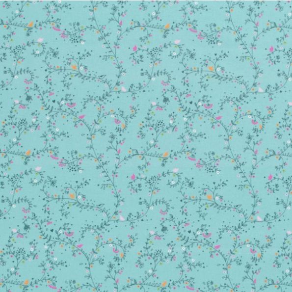 Tissu Coton imprimé Nina sur fond Bleu turquoise - Par 10 cm