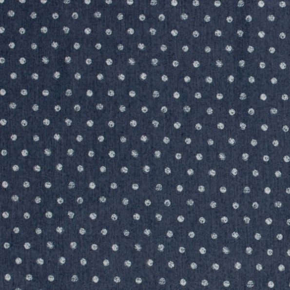 Tissu Jean Denim extensible Pois blancs sur fond Bleu marine - Par 10 cm