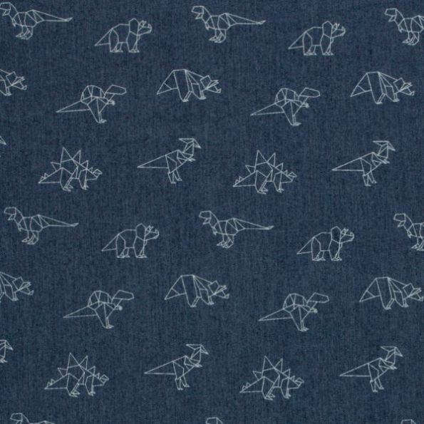 Tissu Jean Denim extensible Dino blancs sur fond Bleu marine - Par 10 cm