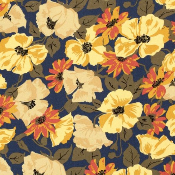 Tissu Viscose Twill Moses fleurs sur fond Bleu indigo - Par 10 cm