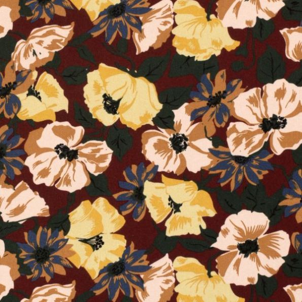 Tissu Viscose Twill Moses fleurs sur fond Bordeaux - Par 10 cm
