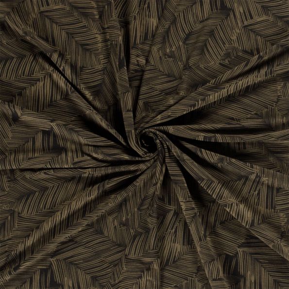 Tissu Jersey Viscose Feuilles striées sur fond Noir - Par 10 cm