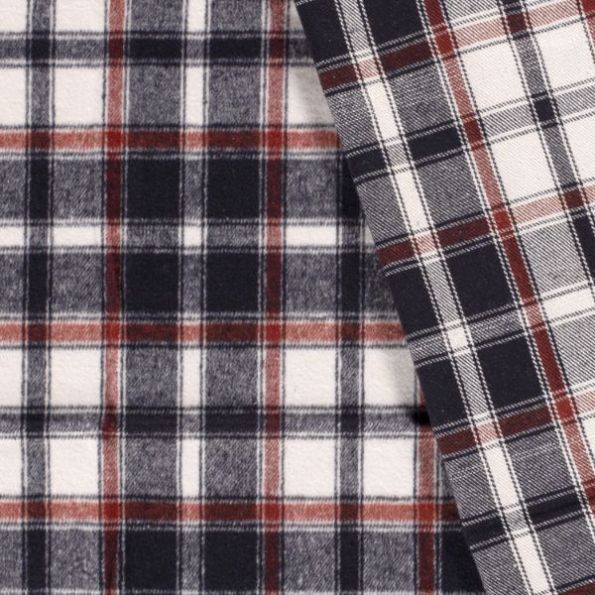 Tissu Jacquard toucher laine Carreaux blancs et rouge sur fond Bleu marine - Par 10 cm