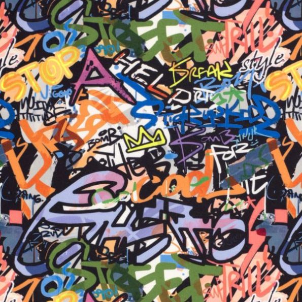 Tissu Jersey Sportswear digital Graffiti sur fond Noir - Par 10 cm