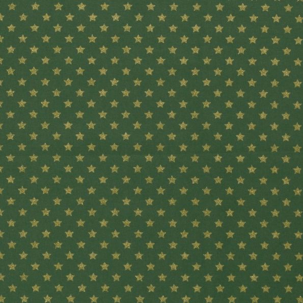 Tissu Coton imprimé Noël Etoiles dorées sur fond Vert sapin - Par 10 cm