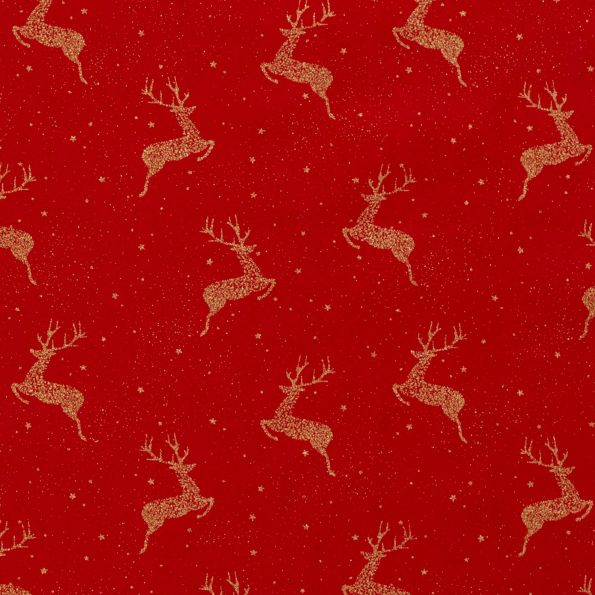 Tissu Coton imprimé Noël Rênes dorées sur fond Rouge - Par 10 cm