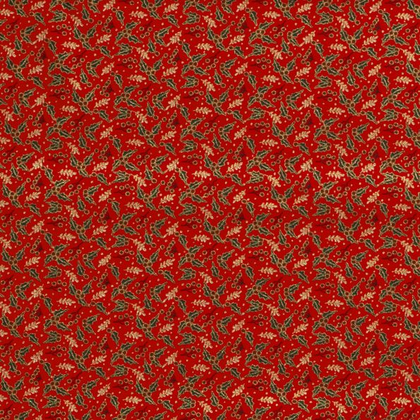 Tissu Coton imprimé Branches de Noël dorées sur fond Rouge - Par 10 cm