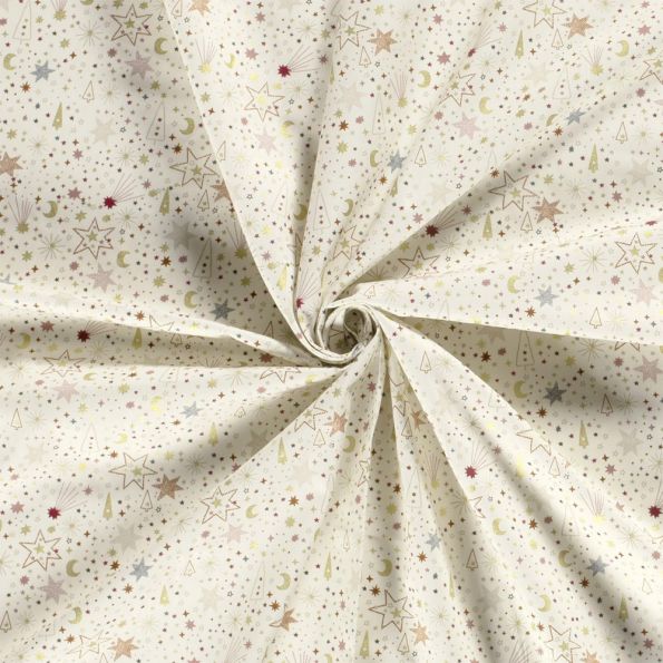 Tissu Coton imprimé Etoiles diverses sur fond Ecru - Par 10 cm