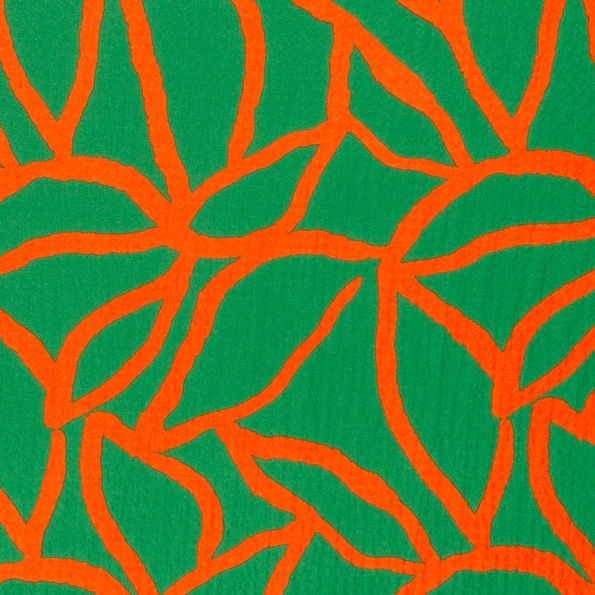 Tissu Viscose gaufré Feuillage orange sur fond Vert - Par 10 cm