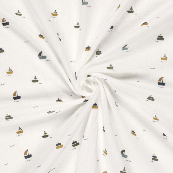 Tissu Double gaze de Coton LittleBird Petits bateaux sur fond Ecru - Par 10 cm