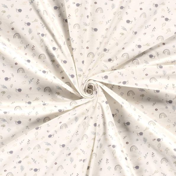 Tissu Jersey Coton imprimé Elio petits escargots sur fond Ecru - Par 10 cm