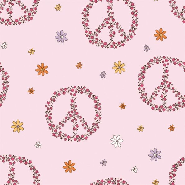 Tissu Jersey Coton Peace fleuris sur fond Rose clair - Par 10 cm