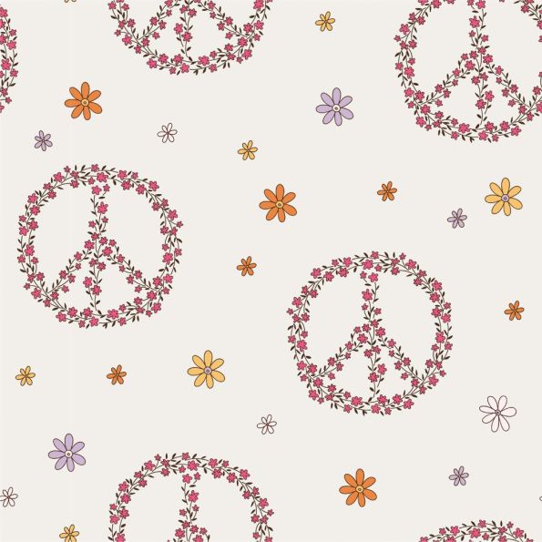 Tissu Jersey Coton Peace fleuris sur fond Ecru - Par 10 cm