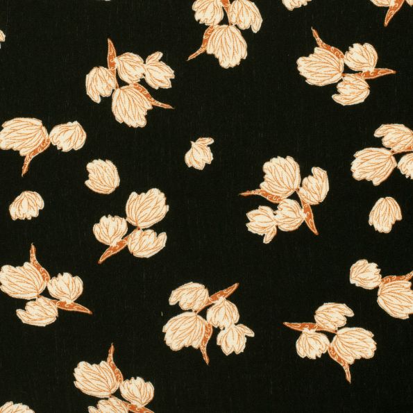 Tissu Crêpe de Viscose Floral sur fond Noir - Par 10 cm
