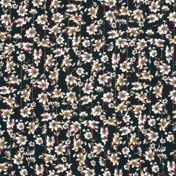 Tissu Crêpe de Viscose Lurex Fleuris sur fond Bleu marine - Par 10 cm