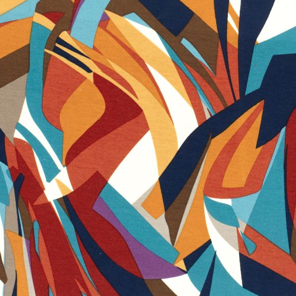 Tissu Jersey Viscose imprimé motifs abstraits orange et bleu sur fond Blanc - Par 10 cm