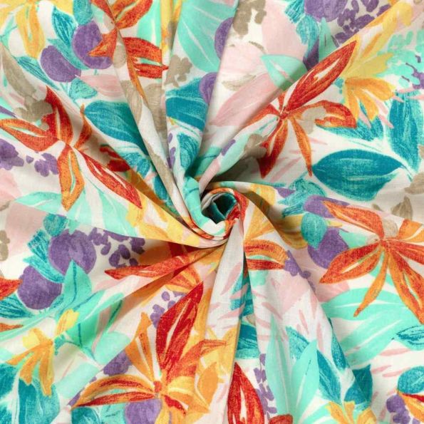 Tissu Polyester aspect Lin Fleuris Rosalin sur fond Blanc - Par 10 cm