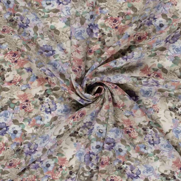 Tissu Polyester aspect Lin Fleuris Cécilya sur fond Beige - Par 10 cm