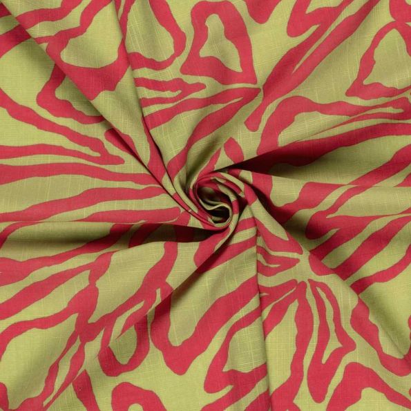 Tissu Coton Viscose aspect Lin Big Flowers rose fuschia sur fond Vert anis - Par 10 cm