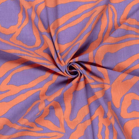 Tissu Coton Viscose aspect Lin Big Flowers orange sur fond Lilas - Par 10 cm
