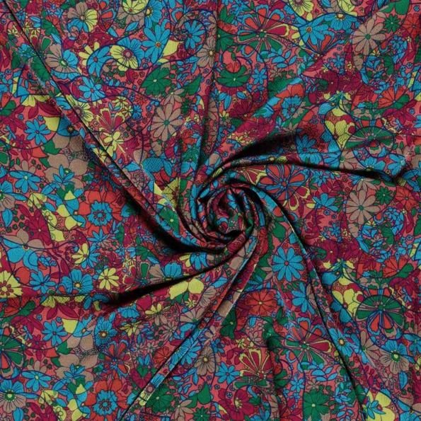 Tissu Polyester Bubble bleu sur fond Bordeaux - Par 10 cm