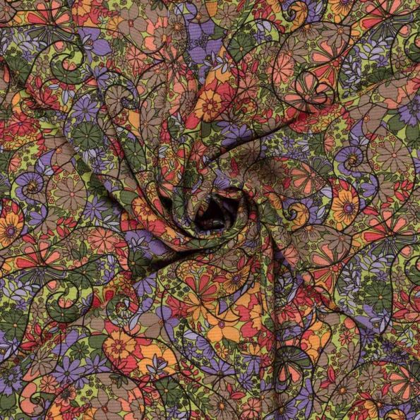 Tissu Polyester Bubble ocre sur fond Vert anis - Par 10 cm