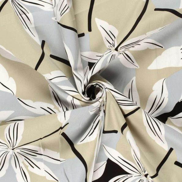 Tissu Coton satiné extensible Florisca sur fond Beige - Par 10 cm
