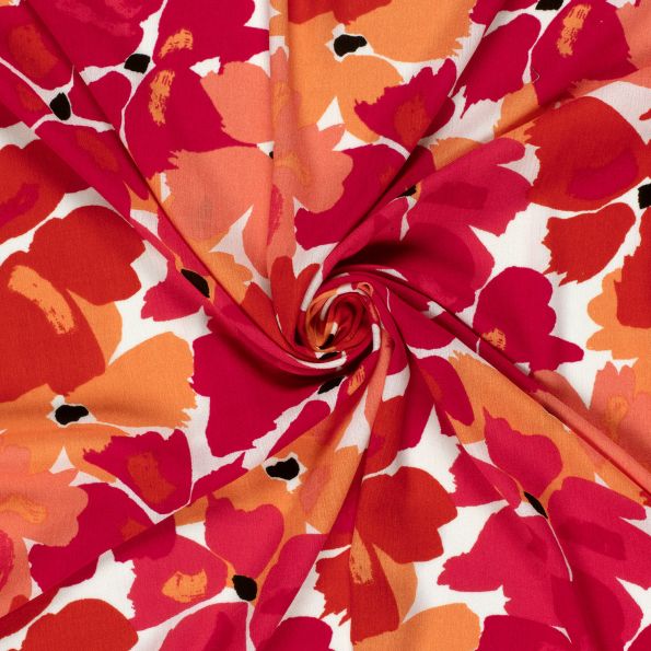 Tissu Crépon de Viscose Fleuris rouge et corail sur fond Blanc - Par 10 cm