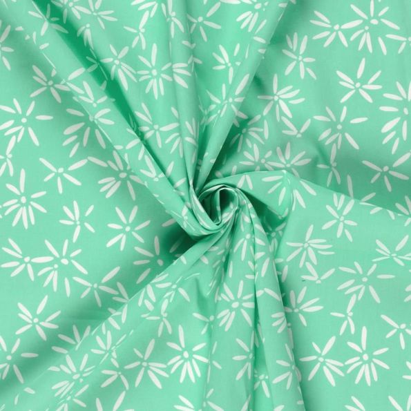 Tissu Coton extensible Pissenlit mode sur fond Vert menthe - Par 10 cm