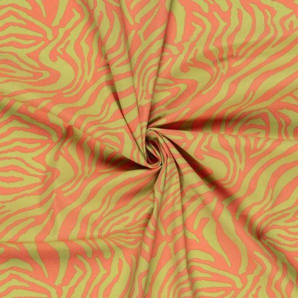 Tissu Coton extensible Psyché Pop vert sur fond Orange - Par 10 cm