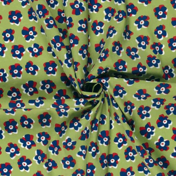 Tissu Coton extensible Fleuréa marine sur fond Vert - Par 10 cm