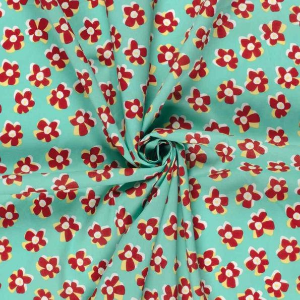 Tissu Coton extensible Fleuréa rouge sur fond Vert menthe - Par 10 cm