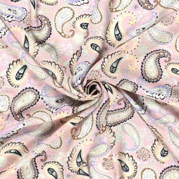 Tissu Popeline de Bambou Paisley pastel sur fond Rose pâle - Par 10 cm
