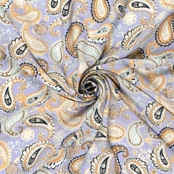 Tissu Popeline de Bambou Paisley pastel sur fond Bleu lilas - Par 10 cm