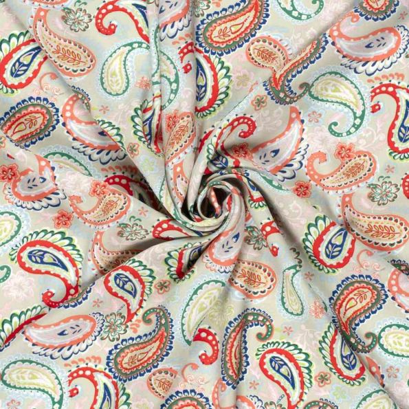 Tissu Popeline de Bambou Paisley vita sur fond Vert menthe - Par 10 cm