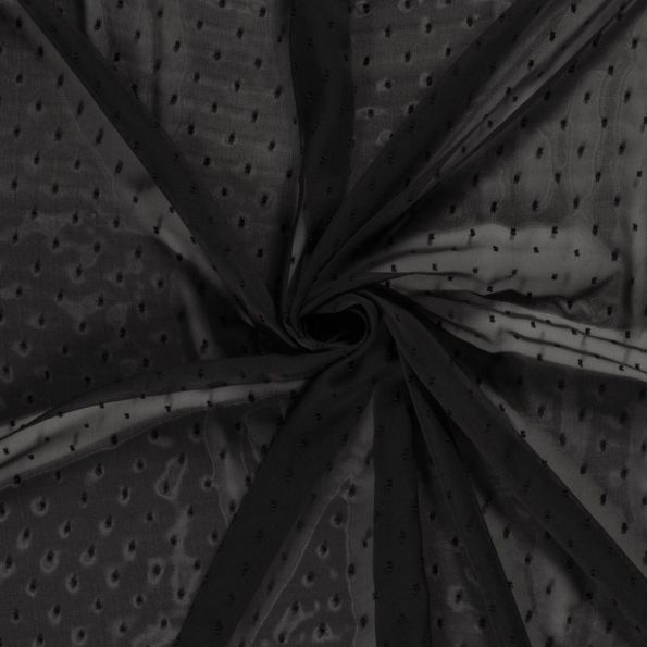 Tissu Mousseline Plumetis Rema sur fond Noir - Par 10 cm
