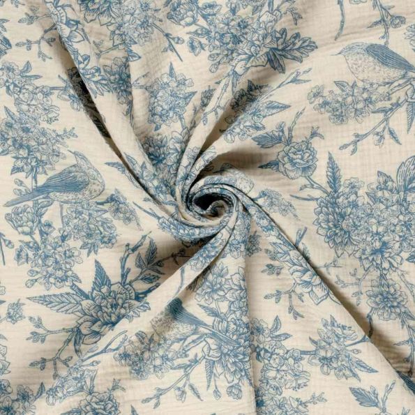 Tissu Double gaze de Coton Esprit Jouy cobalt sur fond Naturel - Par 10 cm