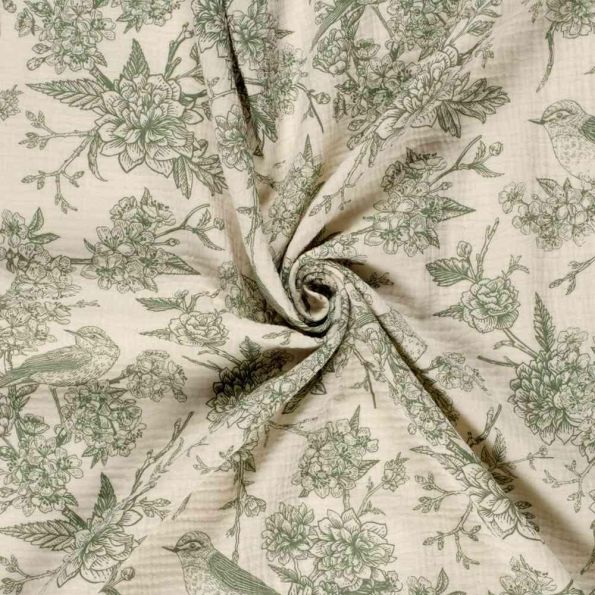 Tissu Double gaze de Coton Esprit Jouy vert sur fond Naturel - Par 10 cm