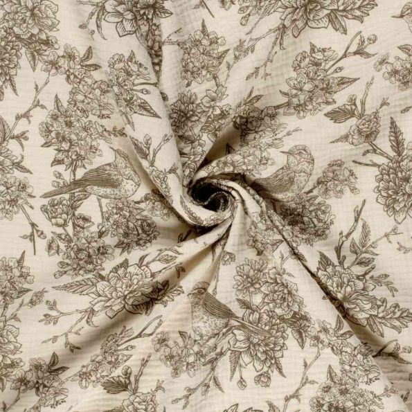 Coupon Tissu Double gaze de Coton Esprit Jouy marron sur fond Naturel - Coupon de 30 cm