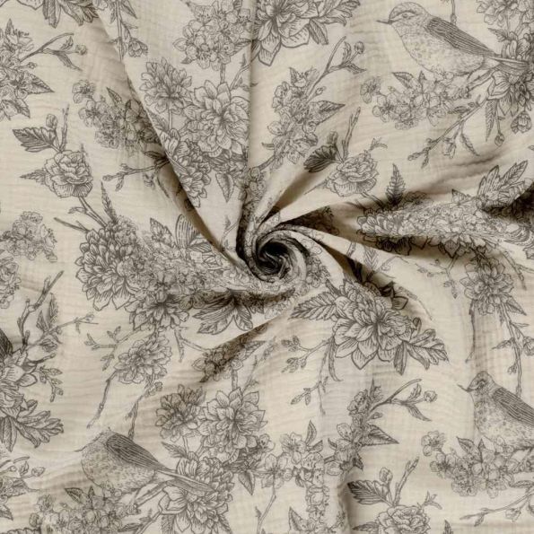 Tissu Double gaze de Coton Esprit Jouy gris sur fond Naturel - Par 10 cm