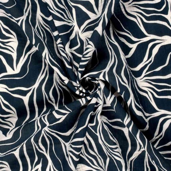 Tissu Double gaze de Coton Grandes feuilles blanches sur fond Bleu marine - Par 10 cm