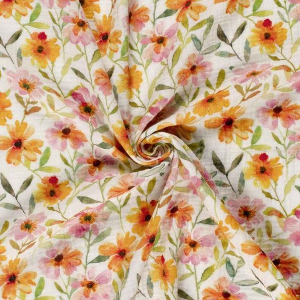 Tissu Double gaze de Coton digital Fleurs Champêtres rose orangé sur fond Blanc - Par 10 cm