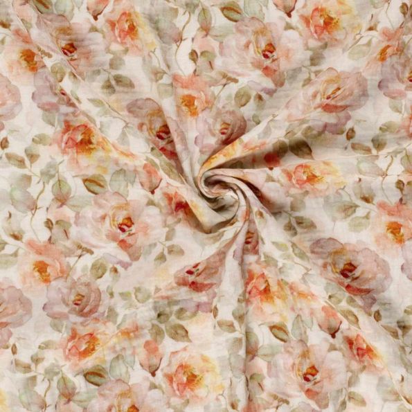 Tissu Double gaze de Coton digital Petalyae sur fond Ecru - Par 10 cm