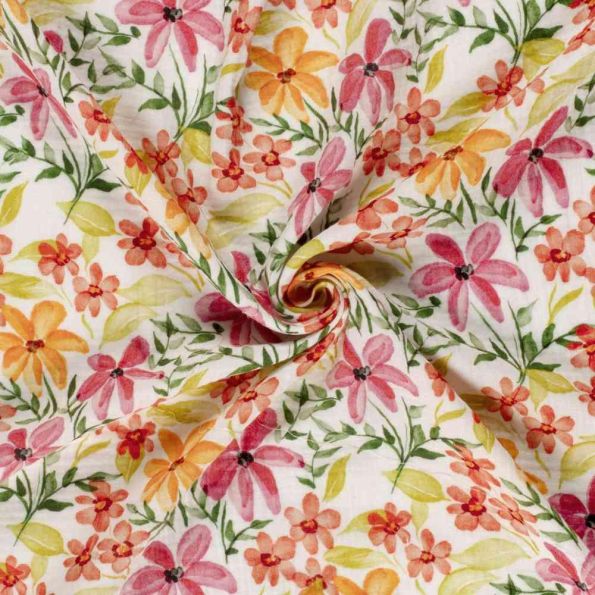 Tissu Double gaze de Coton digital Orélia vitaminés sur fond Blanc - Par 10 cm