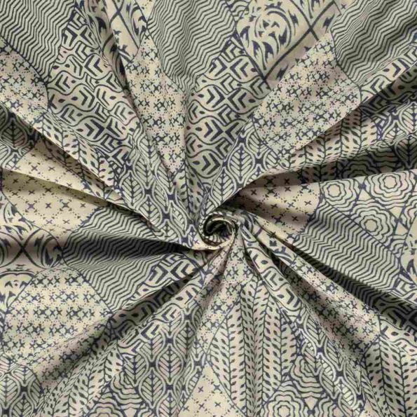 Tissu Voile de coton Batik Kalamkari Géométriques sur fond Bleu indigo - Par 10 cm