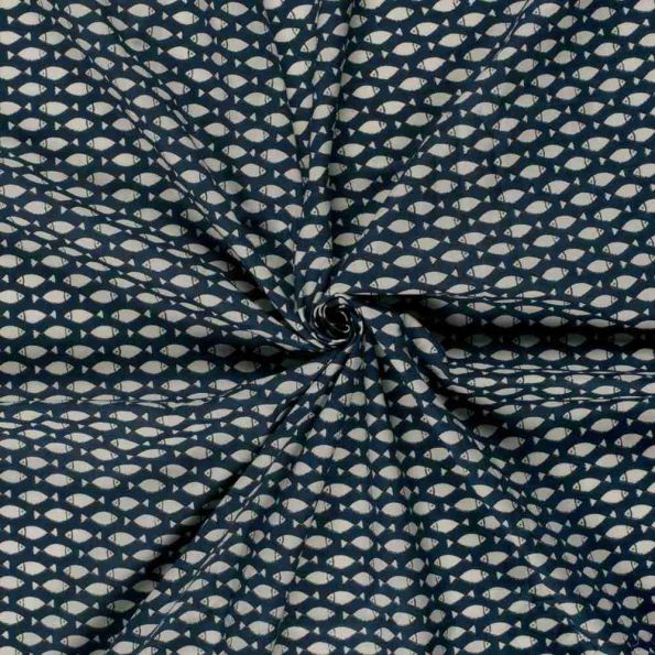 Tissu Voile de coton Batik Goldfish Animaux sur fond Bleu indigo - Par 10 cm