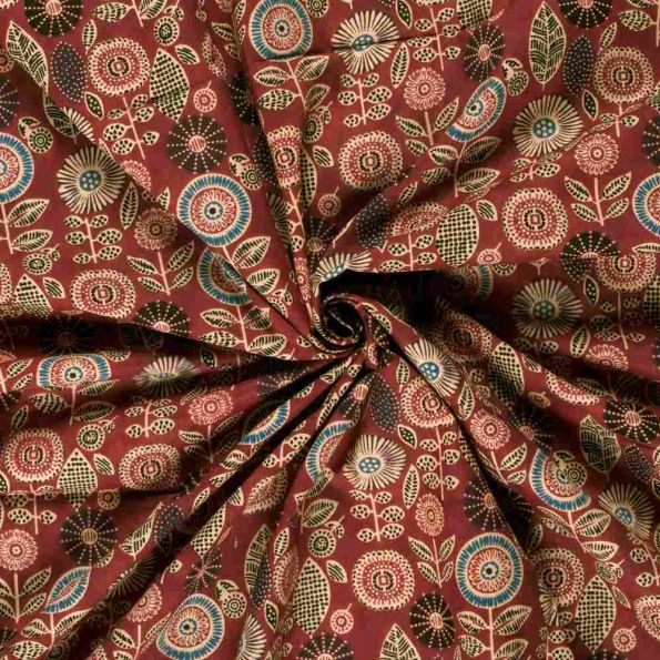 Tissu voile de coton Batik Capri  Fleuris sur fond Brique - Par 10 cm